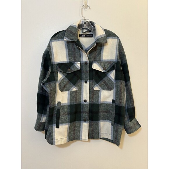 Zara Green and White Wool Blend Plaid Light Weight Shirt Jacket Shacket Size XS - Picture 1 of 4